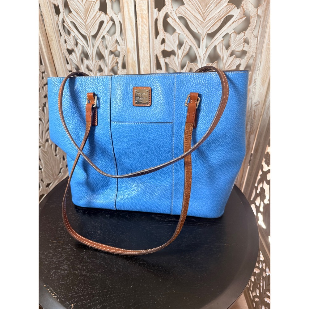 Dooney & Bourke Blue Pebbled Leather Tote Bag Brown Trim Red Lining Gold Tone